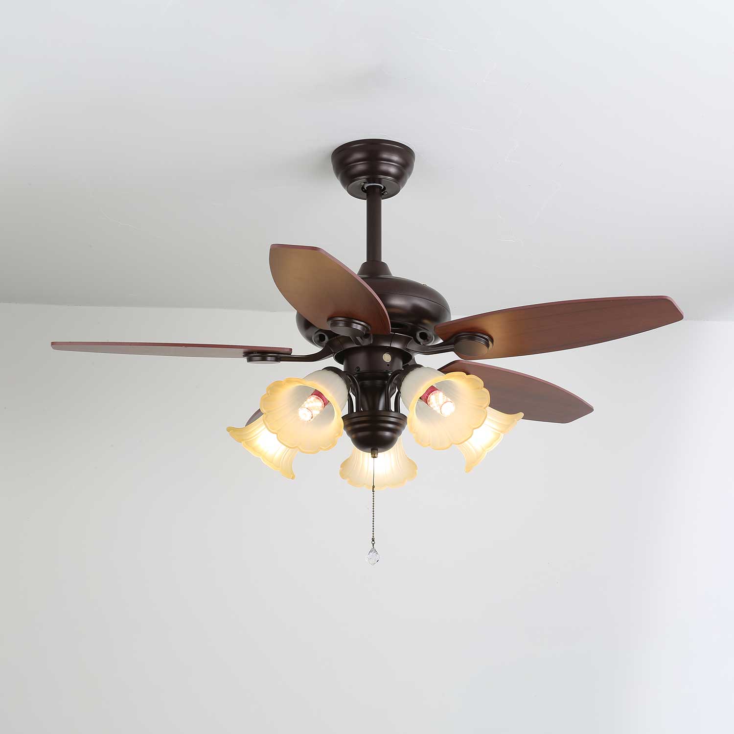 Vintage Plafondventilator met Verlichting Florence | Hout en Glas | Landelijk Ontwerp | Ø107cm met 3 of 5 Lichtpunten | 6 Snelheden | LED Edison Dimbaar | Afstandsbediening Inclusief | Scandinavisch Design | Sansoti