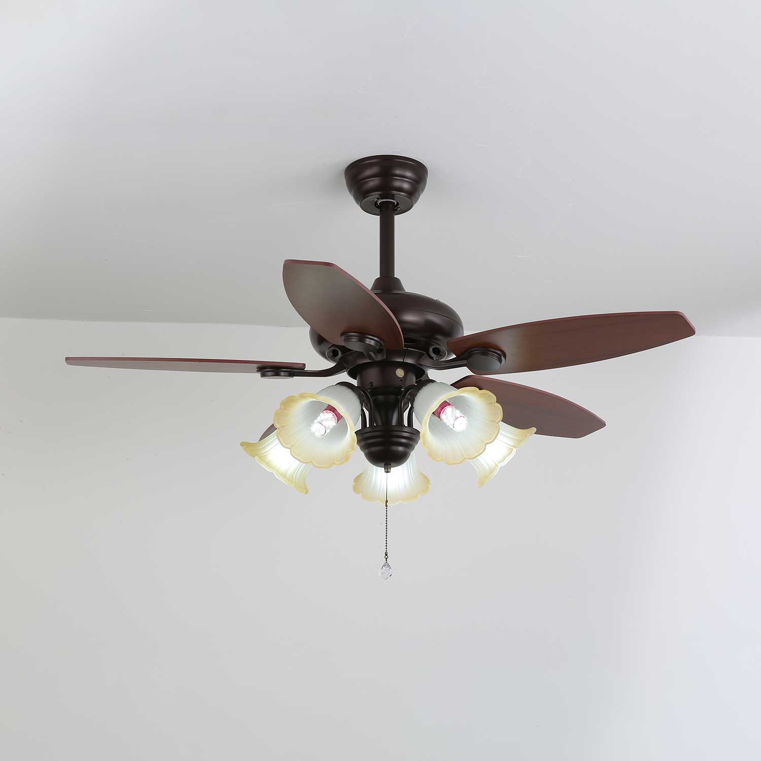 Vintage Plafondventilator met Verlichting Florence | Hout en Glas | Landelijk Ontwerp | Ø107cm met 3 of 5 Lichtpunten | 6 Snelheden | LED Edison Dimbaar | Afstandsbediening Inclusief | Scandinavisch Design | Sansoti