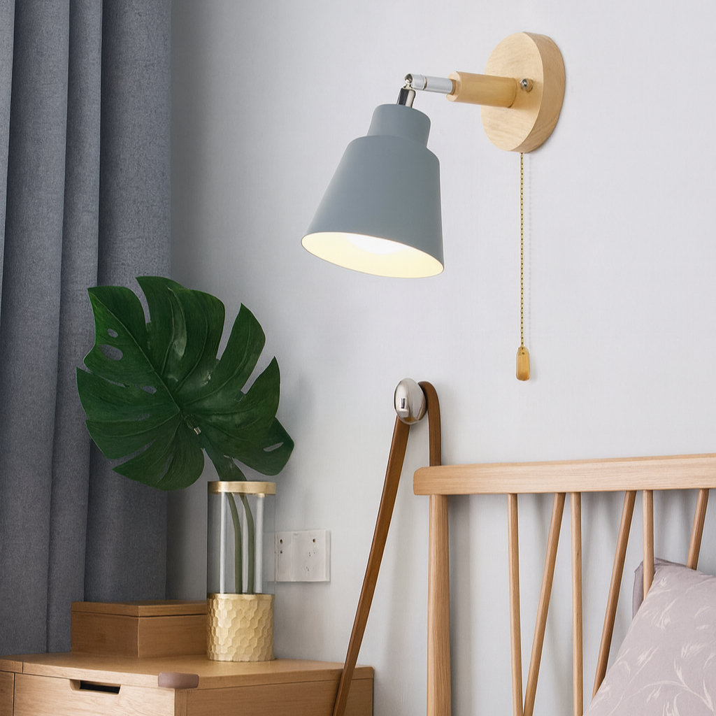 Wandlamp Metaal Hout Trekschakelaar 180° Draaibaar E27 Leeslamp Slaapkamer | Sansoti