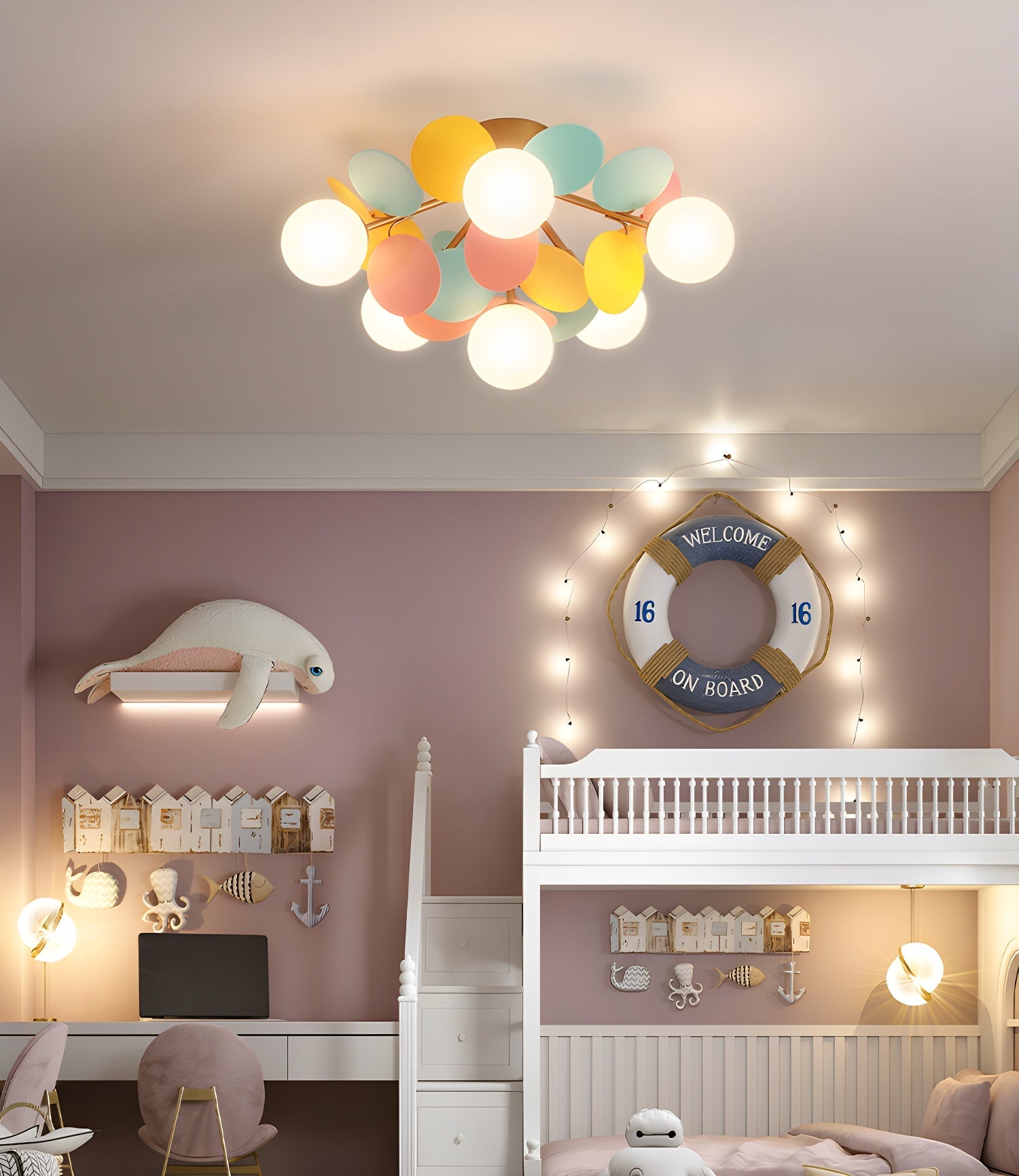 Ronde Plafondlamp met Acryl Bladeren – Macaron Pastelkleuren – 1, 4, 6 of 8 Lichtpunten – G9 Fitting – Scandinavisch Design voor Kinderkamer, Woonkamer en Kantoor | Sansoti