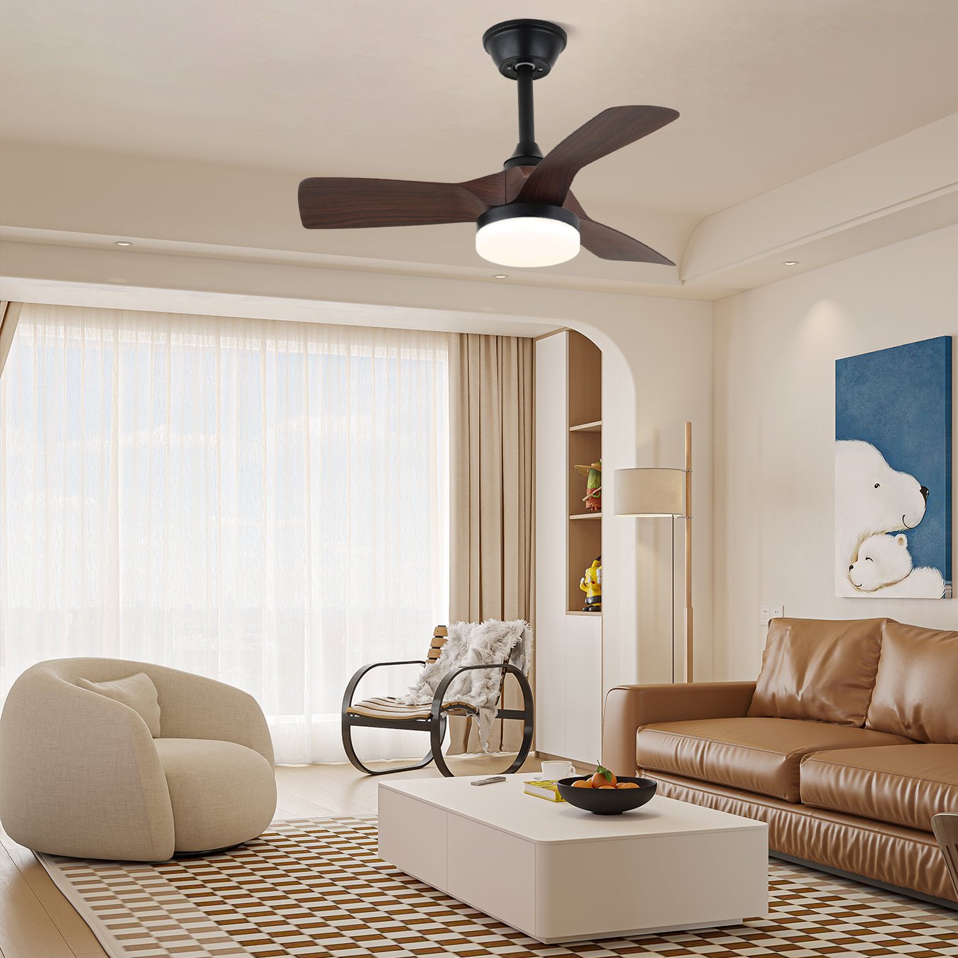 Ventilateur de plafond minimaliste Orlen avec aspect bois et éclairage 81 cm | Ventilateur de plafond scandinave avec lampe | Télécommande 6 vitesses | Ventilateur de plafond design nordique | Sansoti