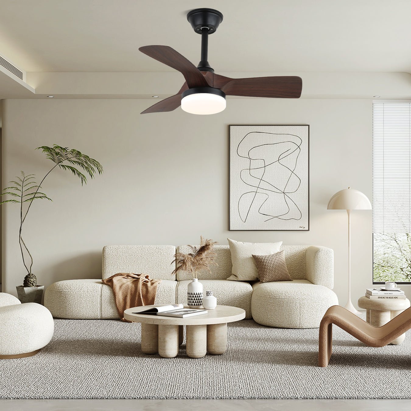 Ventilateur de plafond minimaliste Orlen avec aspect bois et éclairage 81 cm | Ventilateur de plafond scandinave avec lampe | Télécommande 6 vitesses | Ventilateur de plafond design nordique | Sansoti