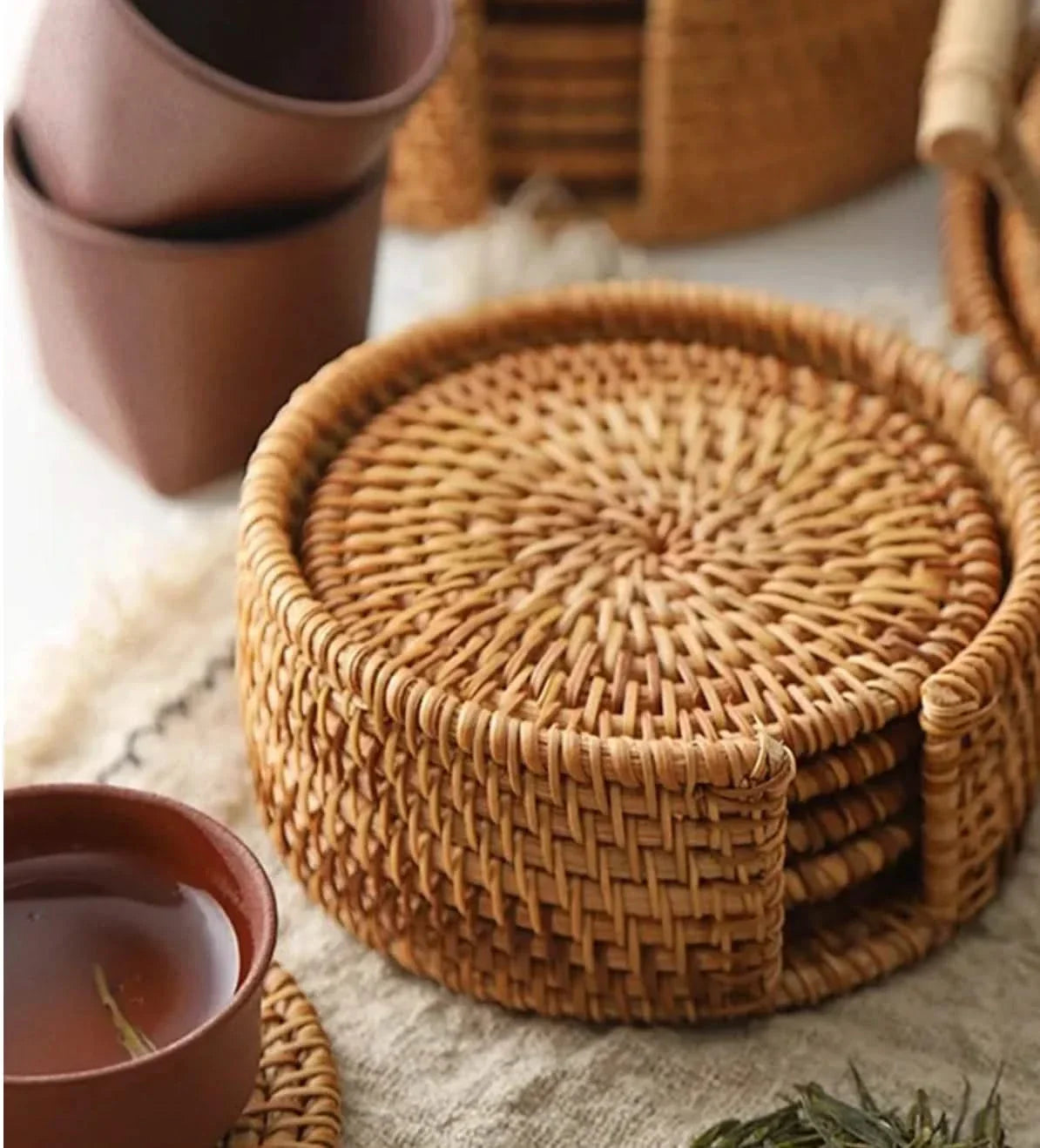 Handgevlochten Onderzetter Set Natuurlijk Bamboe Rattan Tafelbeveiliging Warmteisolatie Bohemian Stijl | Sansoti