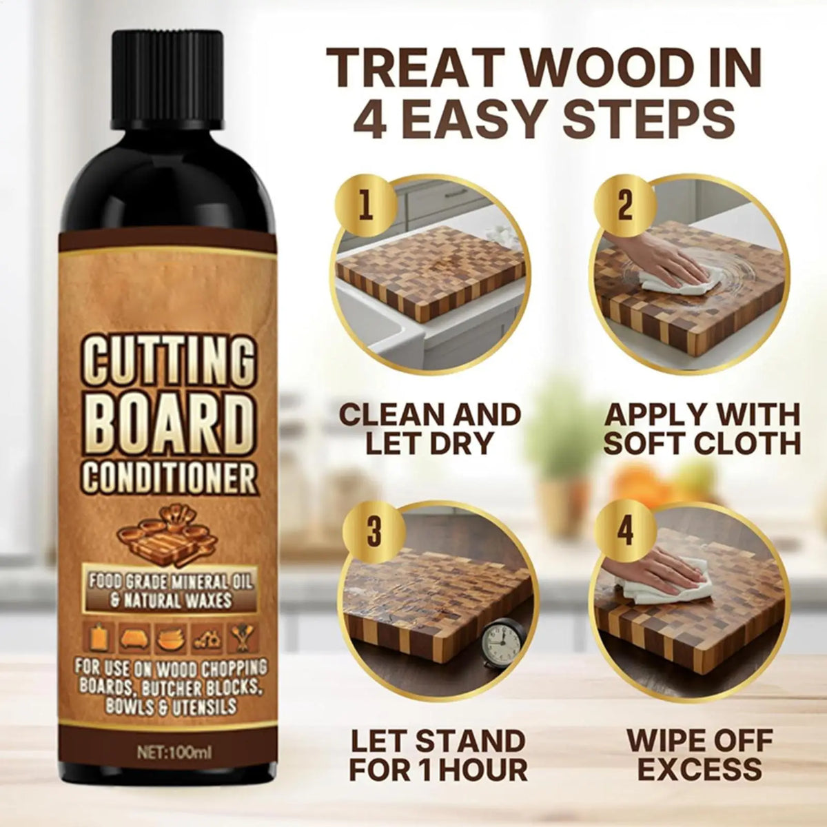 Minerale Onderhoudsolie 100ml Voedselgeschikt Hout Bescherming Verzorging Keukenbladen Serveerplanken | Sansoti