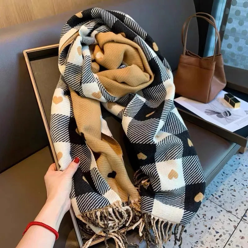 Plaid Blanket Scarf Heart-Shaped Polyester Women's Winter Warm Large Size Comfortable Fashion Wrap Accessory | Sansoti