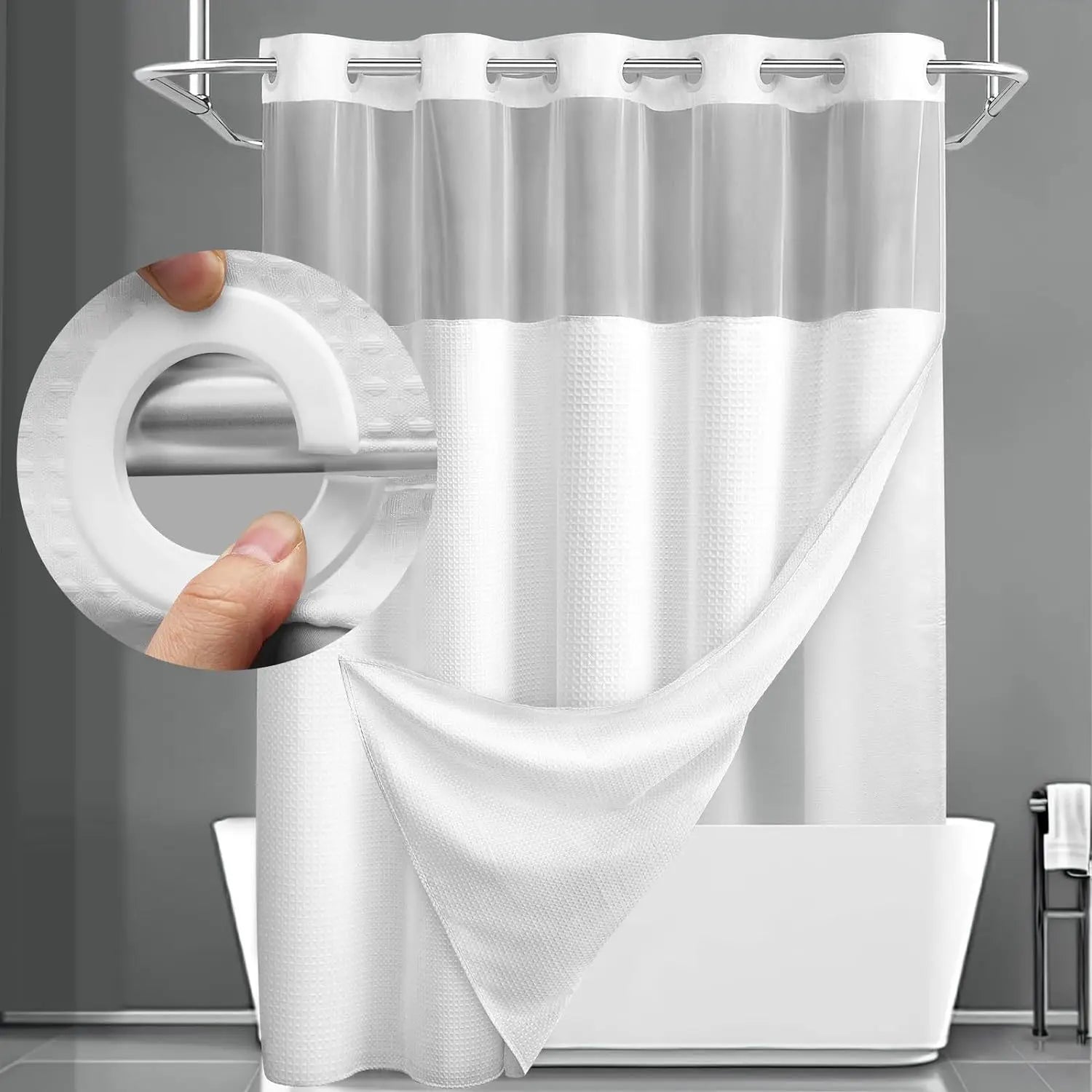 Douchegordijn zonder Ringen met Ingebouwde Liner – Wafeldoek voor Badkamer | Sansoti