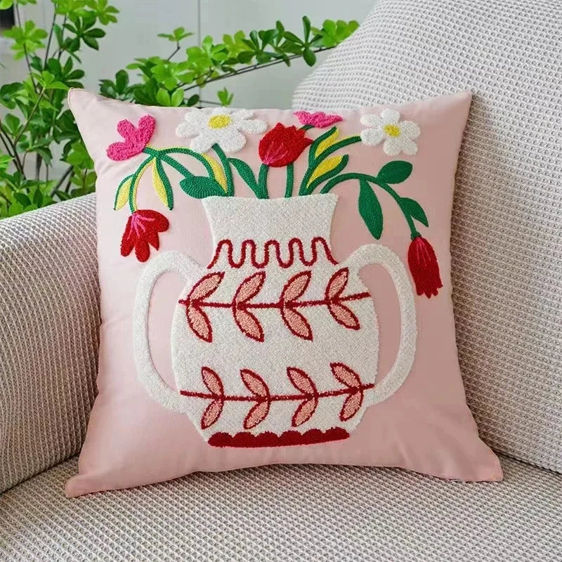 Kussenhoes 45x45cm Katoen Canvas Geborduurd Bloemen Wit Sierkussenhoes Bank Slaapkamer Landelijke Stijl Decoratief | Sansoti