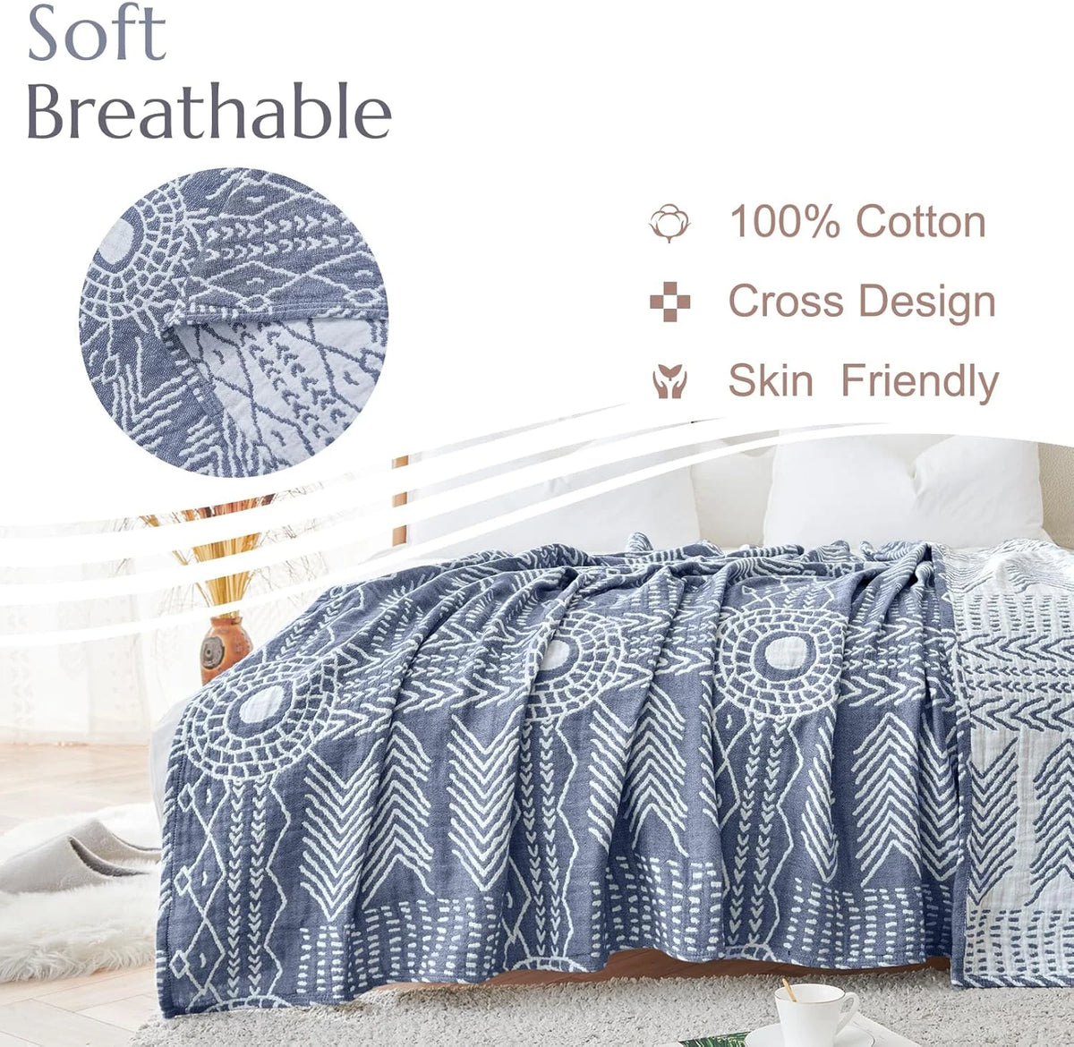Muslin Throw, Three-Layer Cotton Blanket, Reversible Geometric Pattern, Living Room, Bedroom, Sofa, Bed | Sansoti