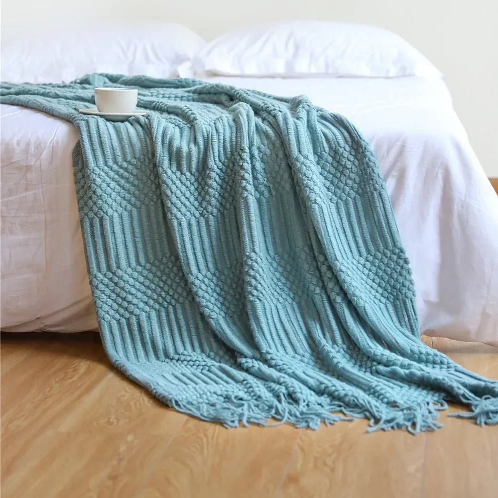 Gestrickte Decke aus Acryl, weich und warm, mit skandinavischem Muster, Sofadecke für Schlafzimmer und Wohnzimmer, dekorative Decke | Sansoti