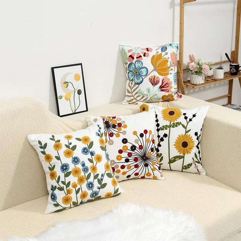 Kussenhoes 45x45cm Katoen Canvas Geborduurd Bloemen Wit Sierkussenhoes Bank Slaapkamer Landelijke Stijl Decoratief | Sansoti
