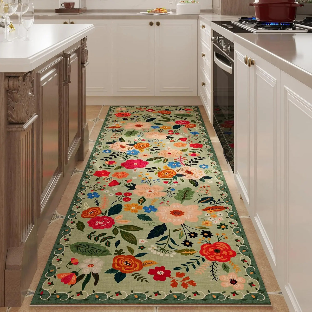 Tapis de couloir antidérapant à motif floral, en polyester, lavable, avec dessous en caoutchouc, pour couloir, cuisine, entrée et salon, décoratif | Sansoti
