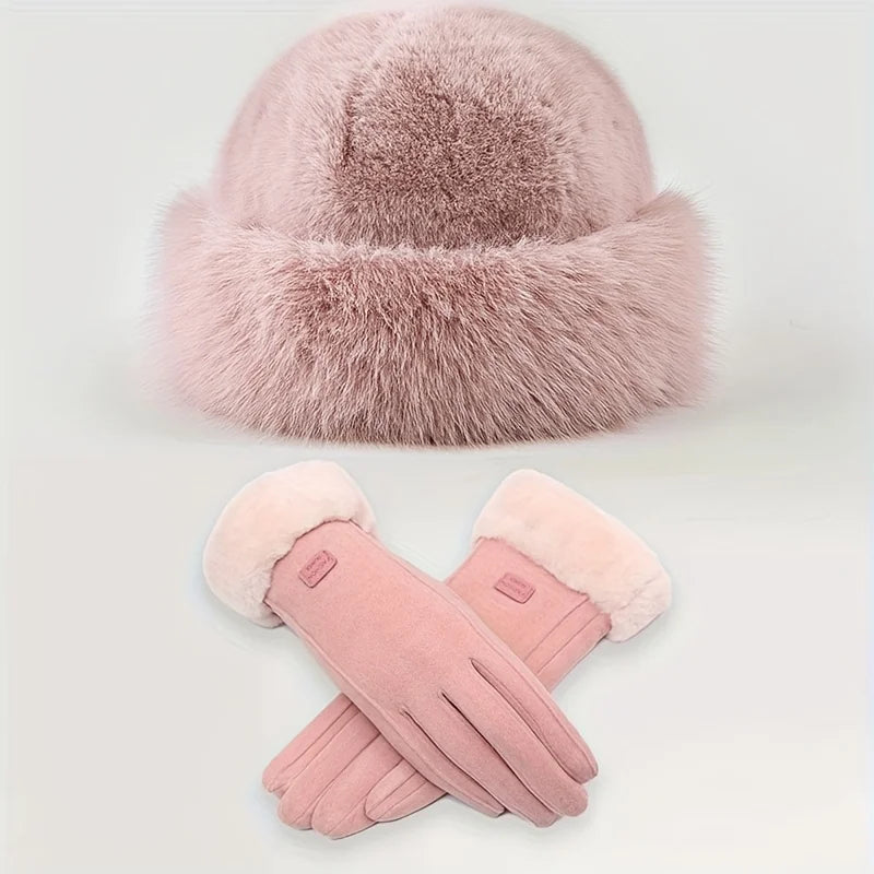 Plush Winter Set Hat and Gloves Women Men Thick Fleece Beanie Dusty Pink Black White Warm Winter Ski Hat | Sansoti