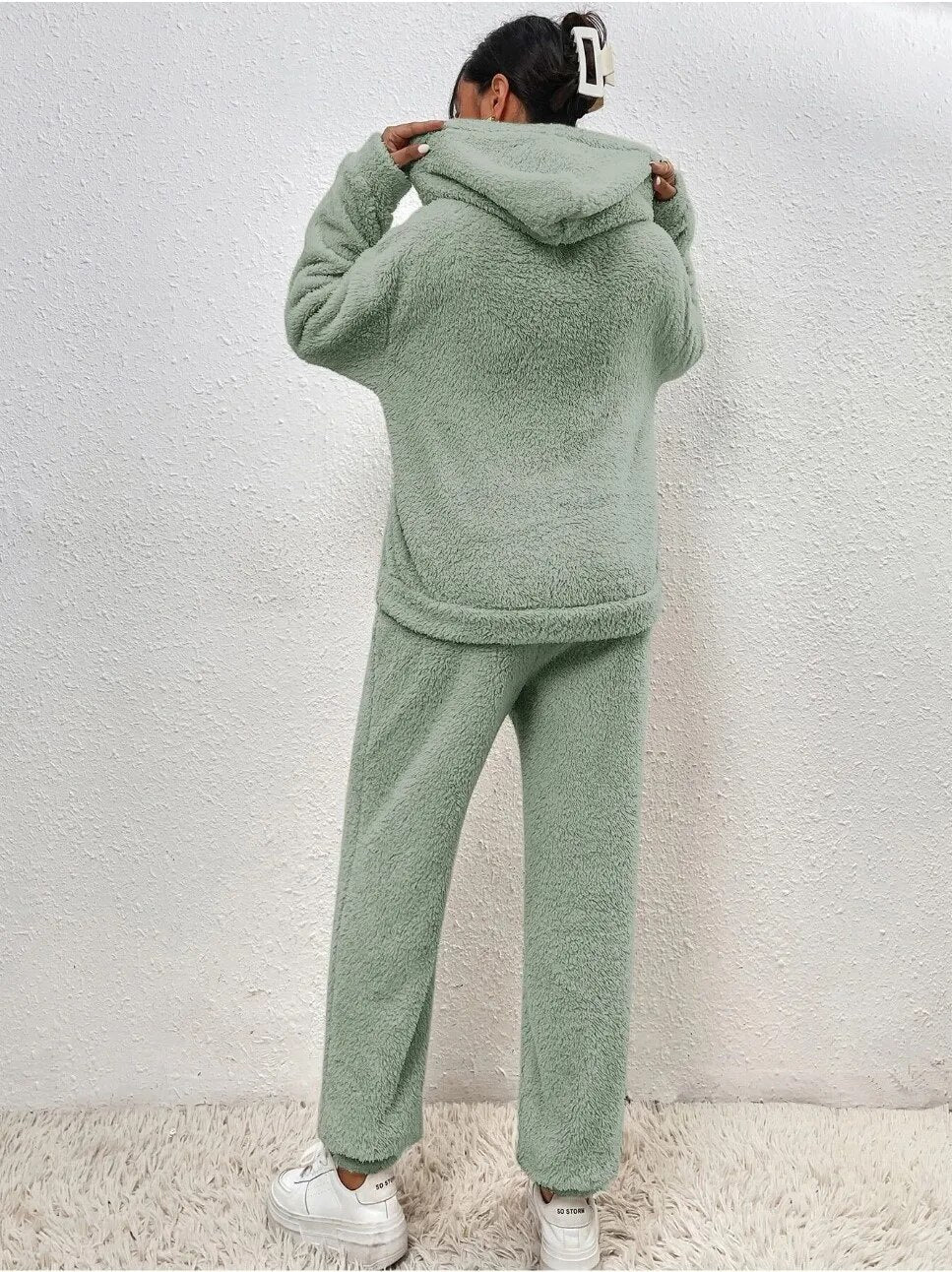 Teddy-Loungewear-Set mit Kapuze für Damen, Grau, Beige, Grün, Winteranzug aus Fleece, zweiteiliger weicher Hausanzug mit Hose | Sansoti
