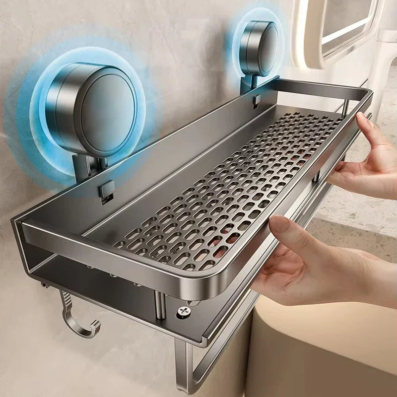 Wandrek Badkamer met Zuignappen 30-50 cm – Boorvrij Aluminium Doucheplank met Zijhaken voor Handdoeken | Sansoti