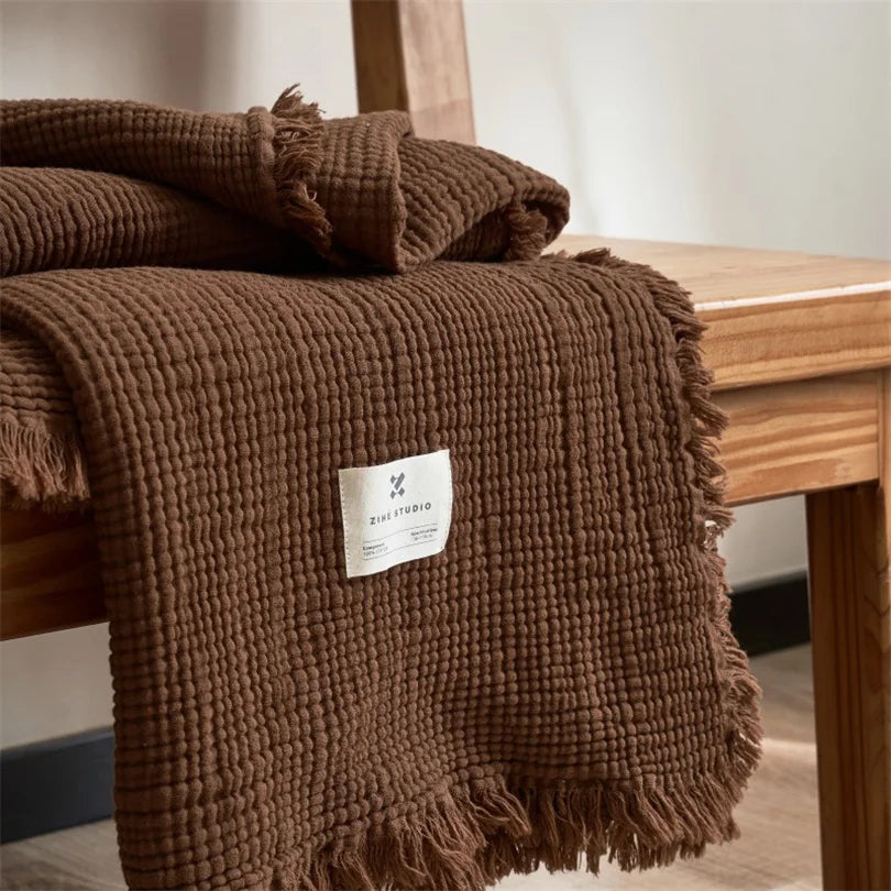 Plaid en mousseline à pompons en pur coton, tissé en six couches, pour canapé et lit, climatisation, salon et chambre, élégant | Sansoti