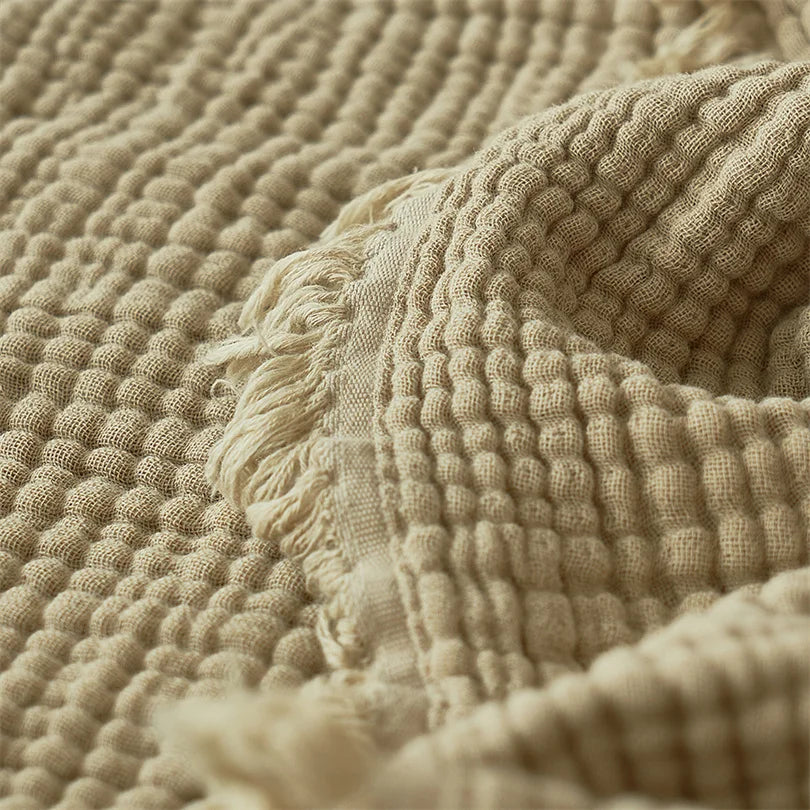 Cotton Throw 6 Layers Soft Breathable Fringed Knitted Blanket Bed Sofa Lightweight Summer Throw Mussel Beige Knitted Bedspread | Sansoti