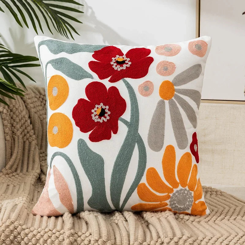Kussenhoes 45x45cm Katoen Canvas Geborduurd Bloemen Wit Sierkussenhoes Bank Slaapkamer Landelijke Stijl Decoratief | Sansoti