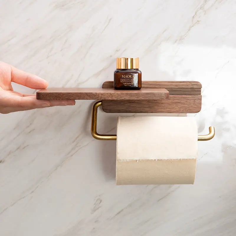 Toiletrolhouder Hout Walnoot Wandmontage Bruin Met Plank Badkamer Toilet Papierhouder Wandrek Minimalistisch Interieur | Sansoti