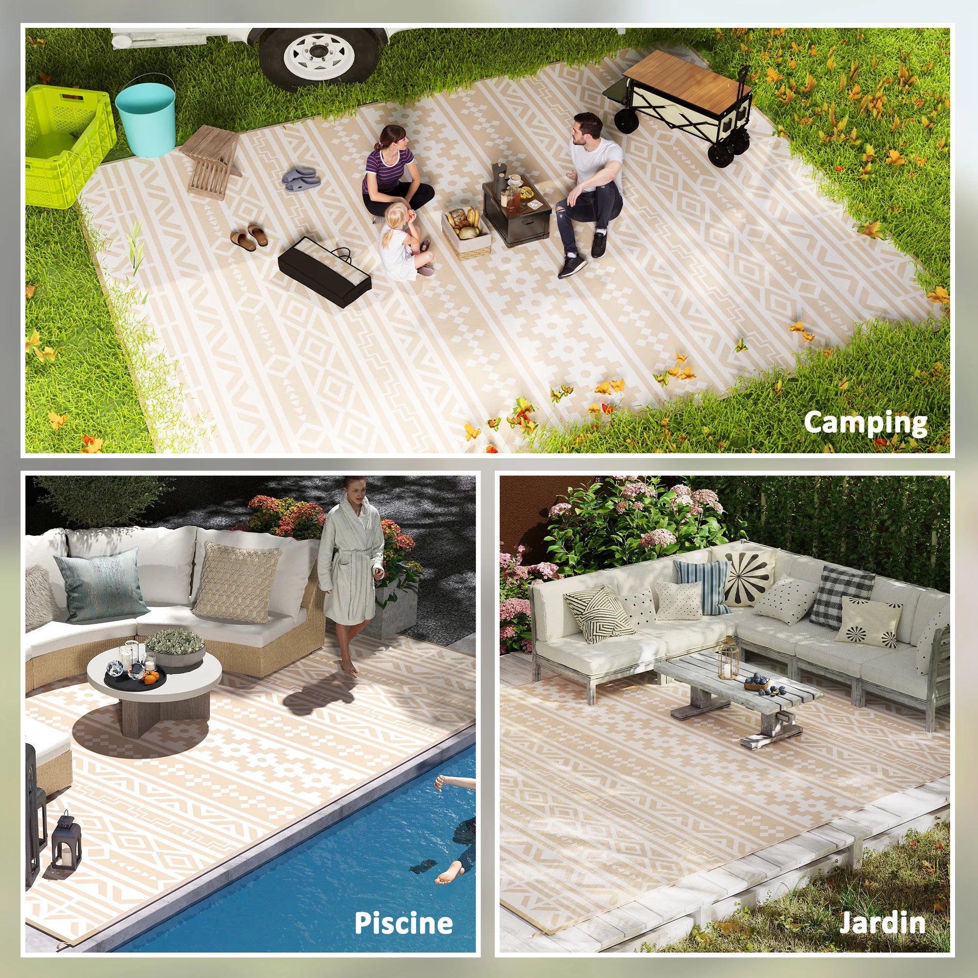 Buitenkleed Omkeerbaar 365x274cm Beige Polypropyleen Tuinkleed Camping Picknick Terras Vloermat Opvouwbaar Transporttas | Sansoti