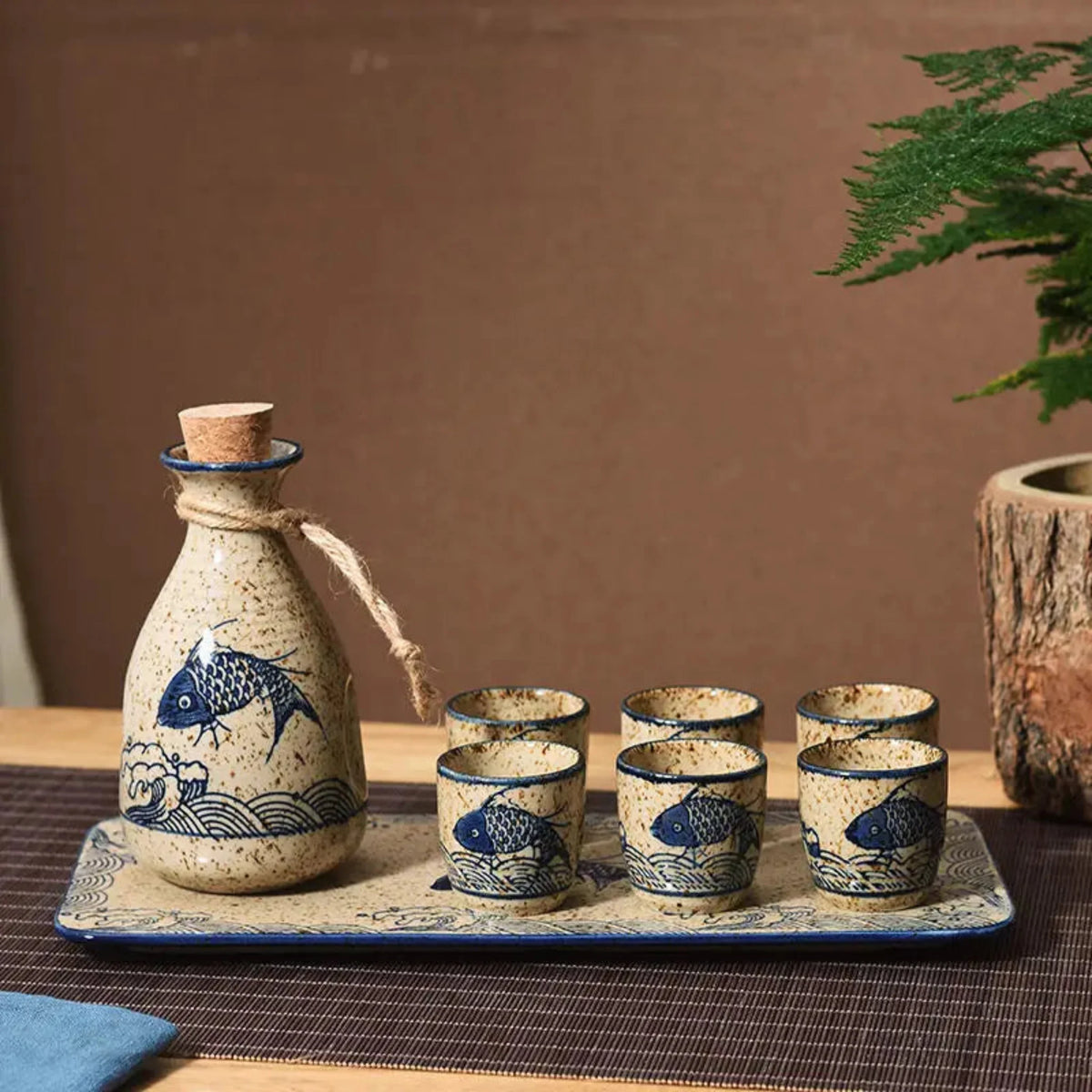 Keramik-Sake-Set mit Karaffe und Tassen Japanisches Design Getränkeservice zum Warm- oder Kaltservieren 6- oder 8-teilig | Sansoti