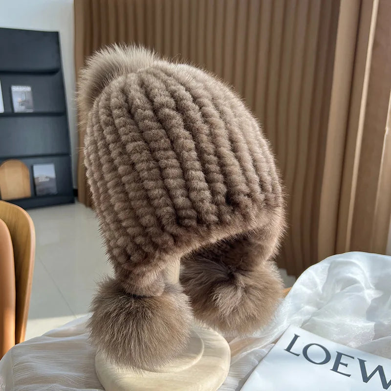 Knitted Fur Hat with Pom-Pom for Women, Warm Winter Hat with Ear Warmers, Spiral Pattern, Luxury Winter Accessory | Sansoti