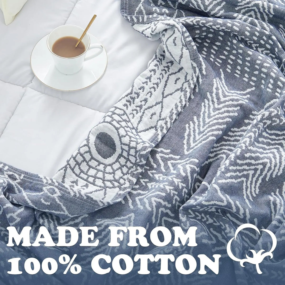 Muslin Throw, Three-Layer Cotton Blanket, Reversible Geometric Pattern, Living Room, Bedroom, Sofa, Bed | Sansoti