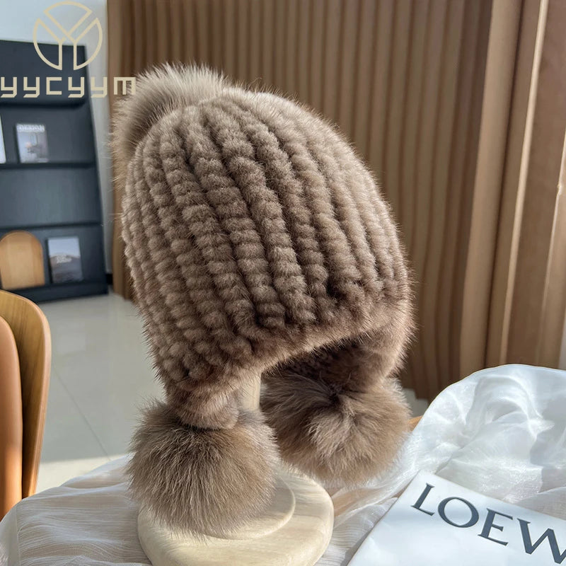 Winter Hot Koop Echte Nertsen Bontmuts Voor Vrouwen Gebreide Nertsen Bont Oor Warme Muts De Spiraal Mutsen Cap Met Vossenbont Pompom Op De Top