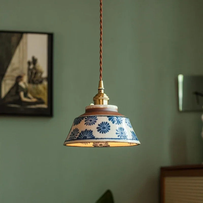 Handgeschilderde Keramische Hanglamp Scandinavisch Design Met Koperen Fitting Bloemenpatroon Voor Eettafel Keuken En Slaapkamer | Sansoti
