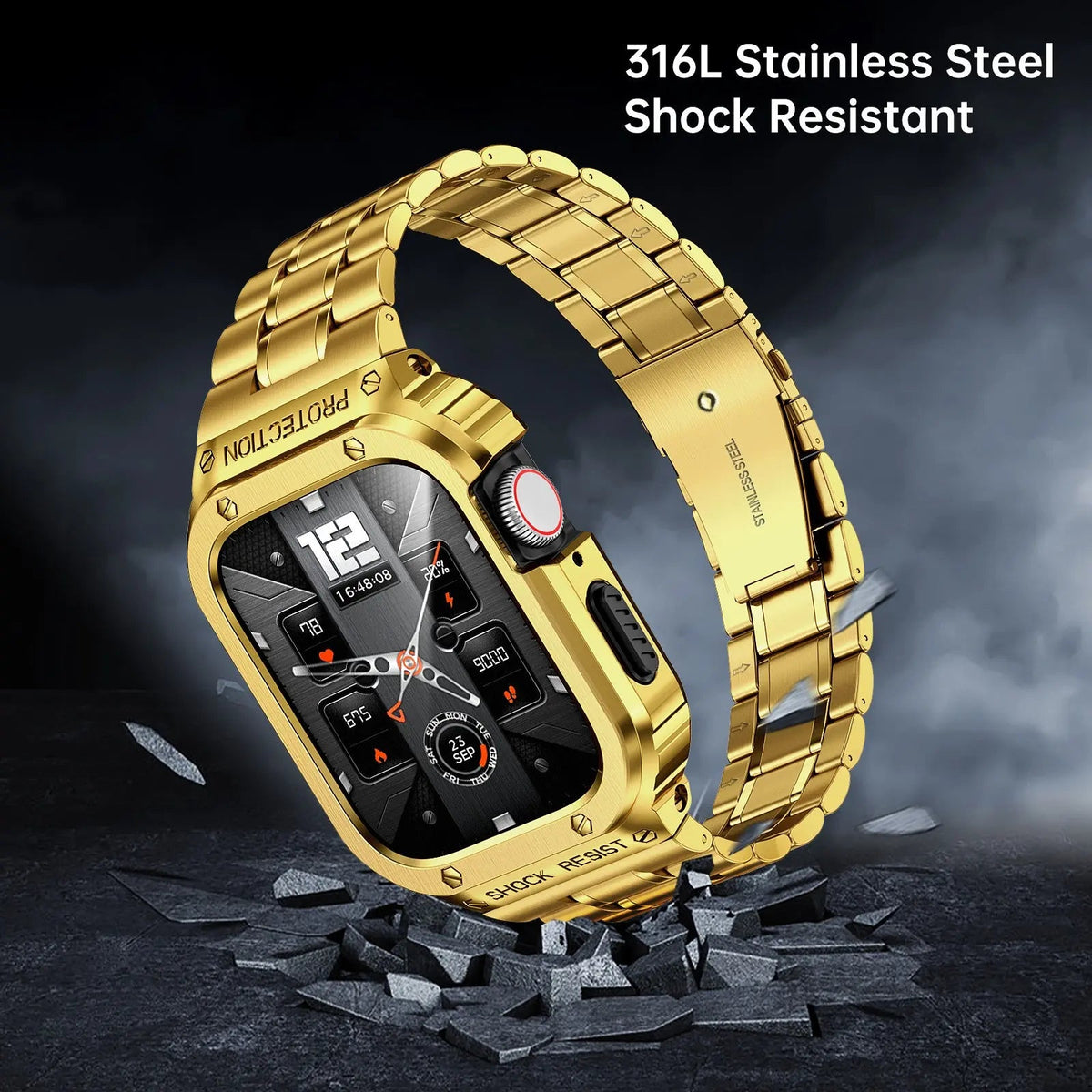 Edelstahl-Uhrenarmband mit Schutzhülle, 45 mm, 44 mm, Smartwatch-Zubehör, Schwarz, Silber, Gold, stilvoll | Sansoti