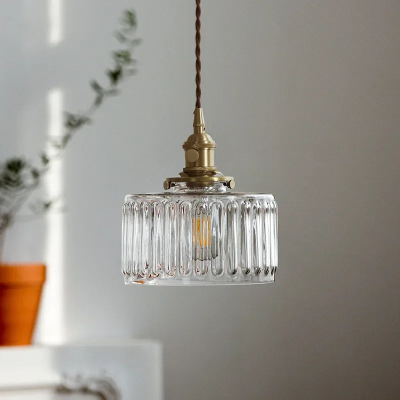 Retro Hanglamp Geribbeld Glas Koper Transparant Grijs E27 Woonkamer Eetkamer Slaapkamer Vintage Industrieel | Sansoti