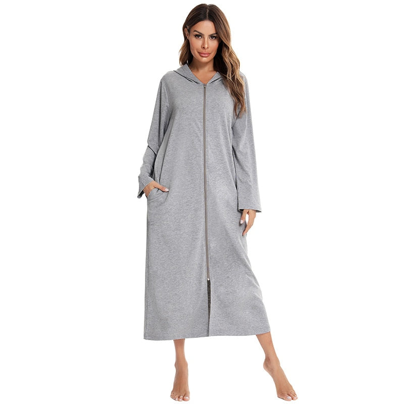 Badjas met Capuchon en Rits Fleece Ochtendjas met Zakken Dames Lange Mouwen Homewear Zwangerschap Comfortabel | Sansoti