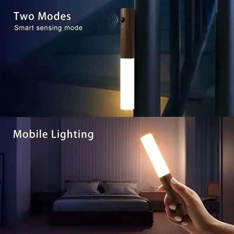 Oplaadbaar Nachtlampje met Bewegingssensor Houten Wandlamp Magneetmontage Warm Wit LED Licht Slaapkamer | Sansoti