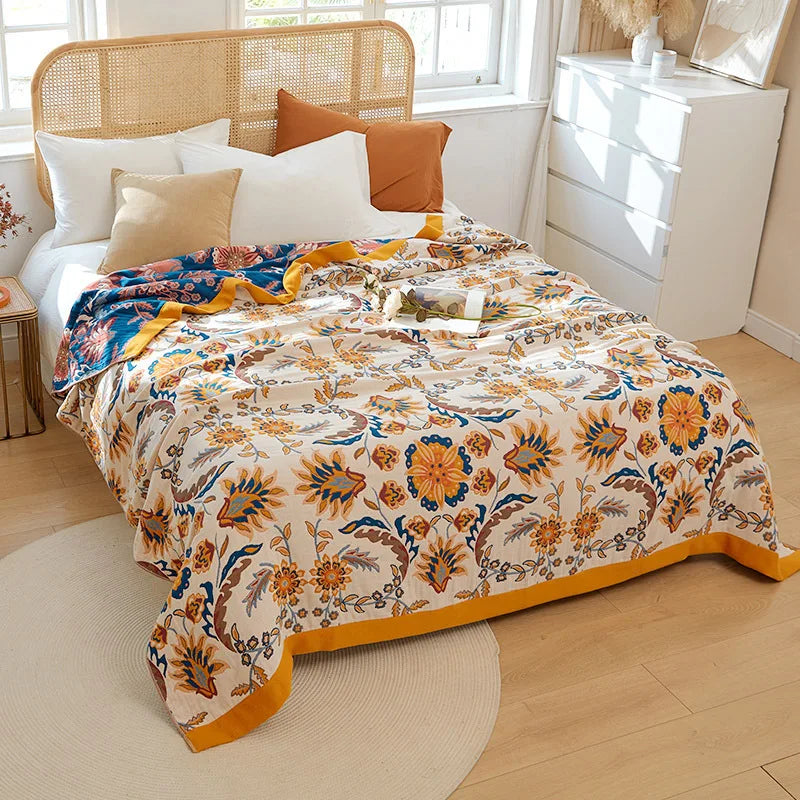 Baumwoll-Sommerdecke, garngefärbt, mit Blumenmuster, für Doppelbett, Landhausstil, leicht und atmungsaktiv | Sansoti