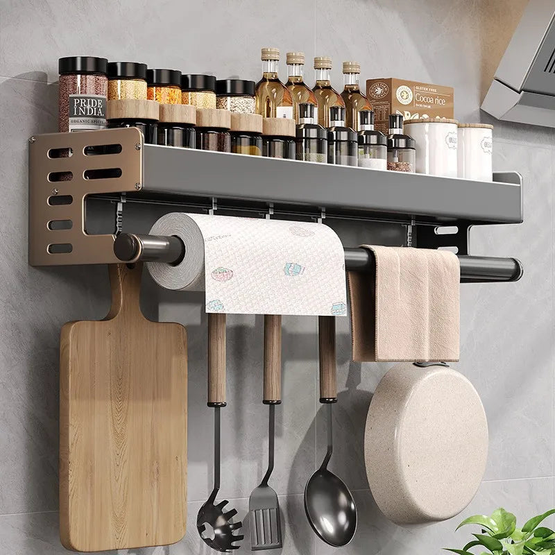 Étagère Murale Cuisine Aluminium 30-50cm Gunmetal Porte-épices Sans Perçage Support Suspendu Organisateur Cuisine Porte-Couteaux Montage Mural | Restfield