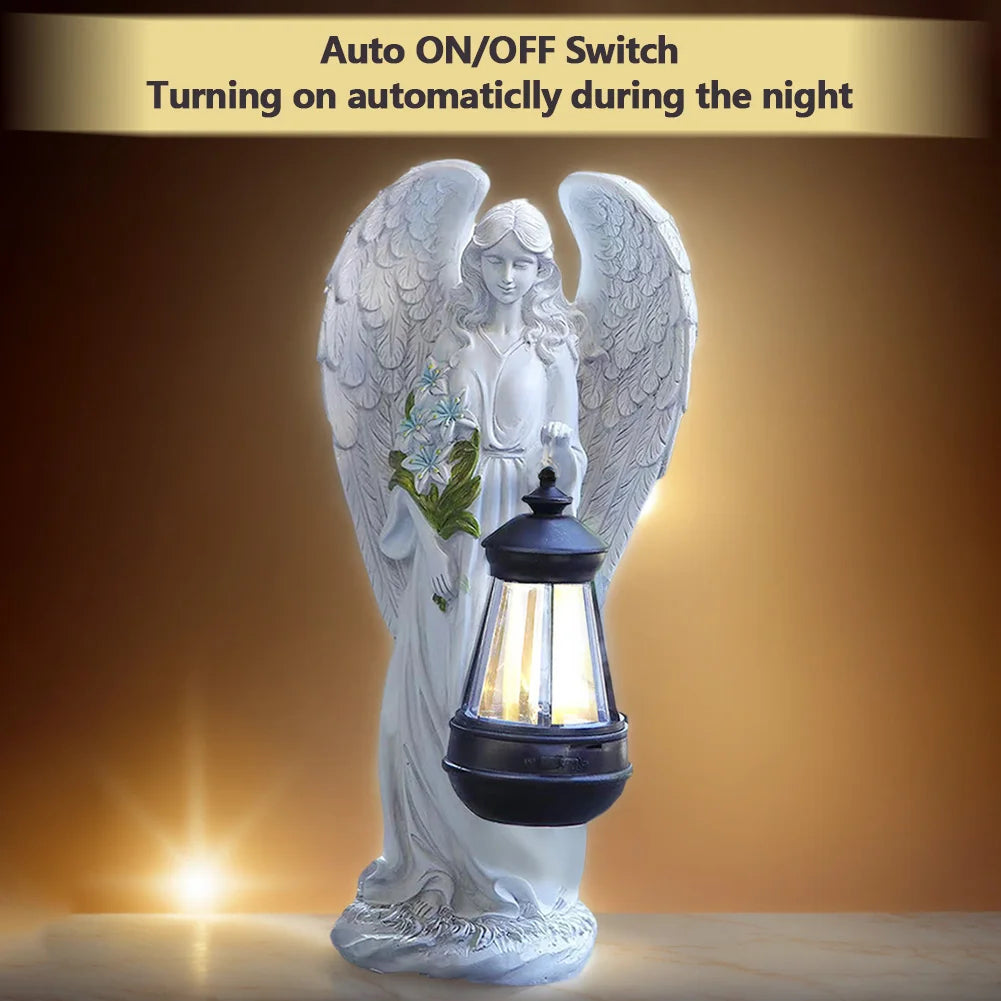 Statue d'Ange Jardin Énergie Solaire LED Lanterne 31cm Résine Automatique Extérieur Jardin Terrasse Patio Lampe d'Ambiance Étanche Blanc | Restfield
