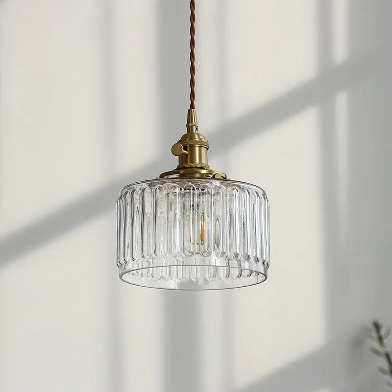 Retro Hanglamp Geribbeld Glas Koper Transparant Grijs E27 Woonkamer Eetkamer Slaapkamer Vintage Industrieel | Sansoti