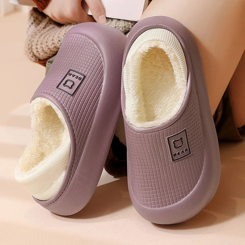 Waterdichte pantoffels met dikke zool pluche voering antislip voor binnen buiten zwart paars unisex comfort | Sansoti