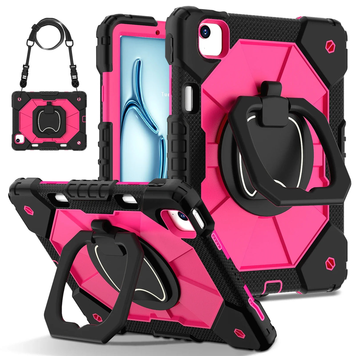 Rugged iPad Case with Ring Grip Three-Layer Protection Kickstand Shoulder Strap Screen Protector Black Orange | Sansoti