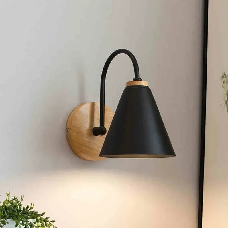 Scandinavische Wandlamp IJzer Hout Zwart Wit E27 LED Slaapkamer Woonkamer Bureau Minimalistisch Noordse Stijl | Sansoti