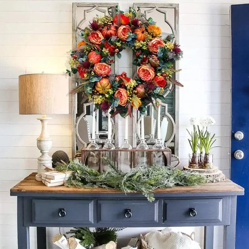 Herfstkrans Pompoen 40cm Rotan Sfeer Decoratie Deurkrans Herfst Thanksgiving Oranje Bruin Groen Seizoen | Sansoti