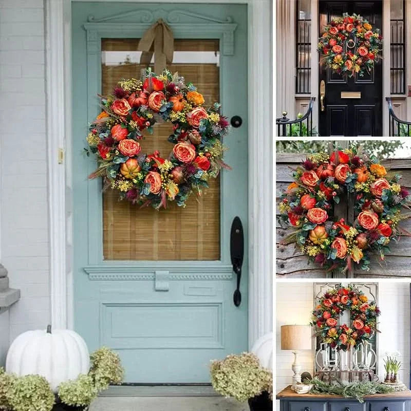 Herfstkrans Pompoen 40cm Rotan Sfeer Decoratie Deurkrans Herfst Thanksgiving Oranje Bruin Groen Seizoen | Sansoti