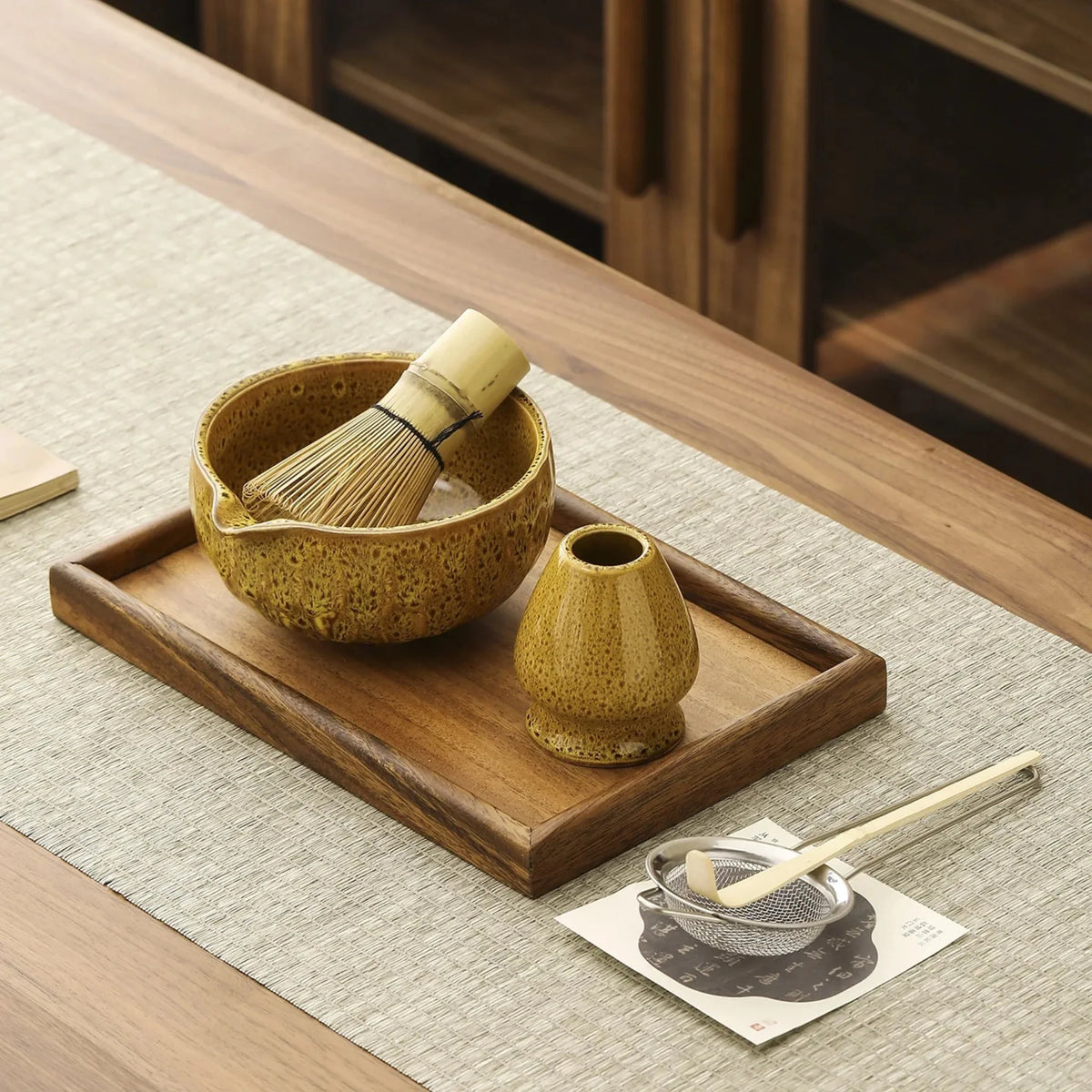 5-Piece Ceramic Bamboo Matcha Ceremony Set, Traditional Japanese Tea Set with Bowl, Whisk, Sifter, Spoon and Tea | Sansoti