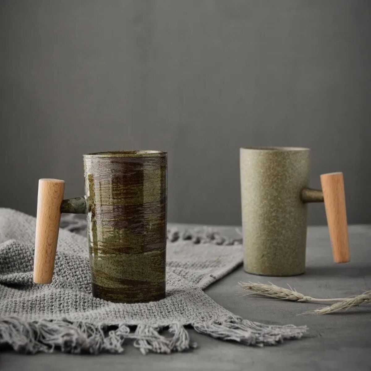 Ceramic Mug 220ml Stone Texture Wooden Handle Coffee Tea Hot Beverage Moment Ergonomic Comfort Kitchen | Sansoti