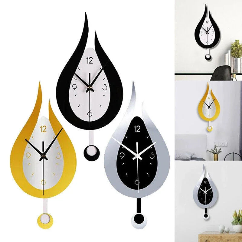 Acryl Slinger Wandklok met Stil Uurwerk – Moderne Waterdruppelvorm in Metaal voor Woonkamer en Slaapkamer | Sansoti