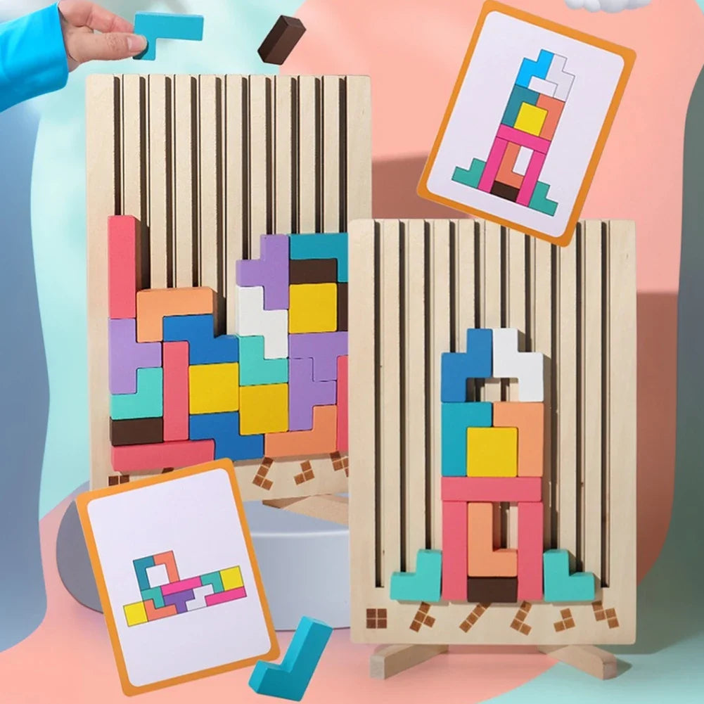 Houten 3D Puzzelspel voor Kinderen – Creatief Tetris Stapelspel met Geometrische Blokken – Ruimtelijk Inzicht & Handcoördinatie | Sansoti