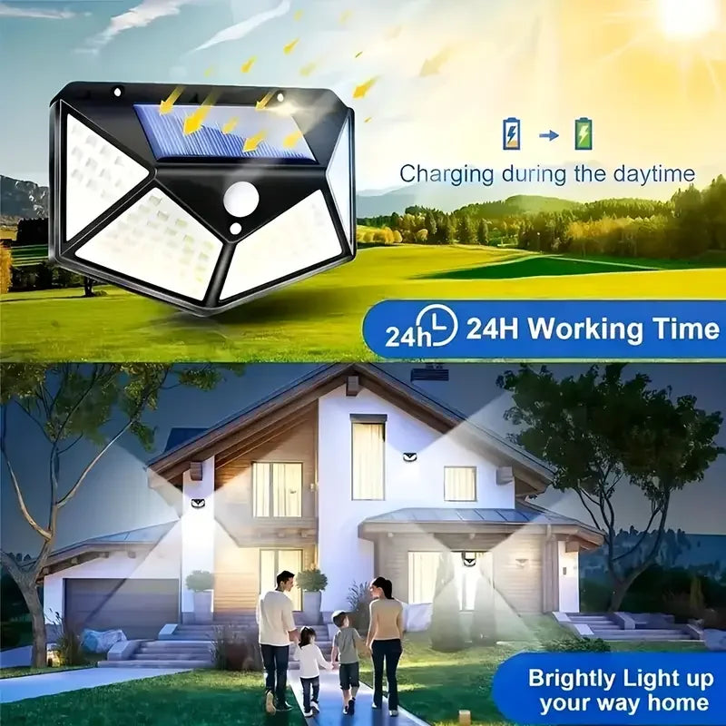 Applique murale extérieure à énergie solaire, 100 LED, détecteur de mouvement, étanche IP65, noire, éclairage de sécurité pour jardin | Sansoti
