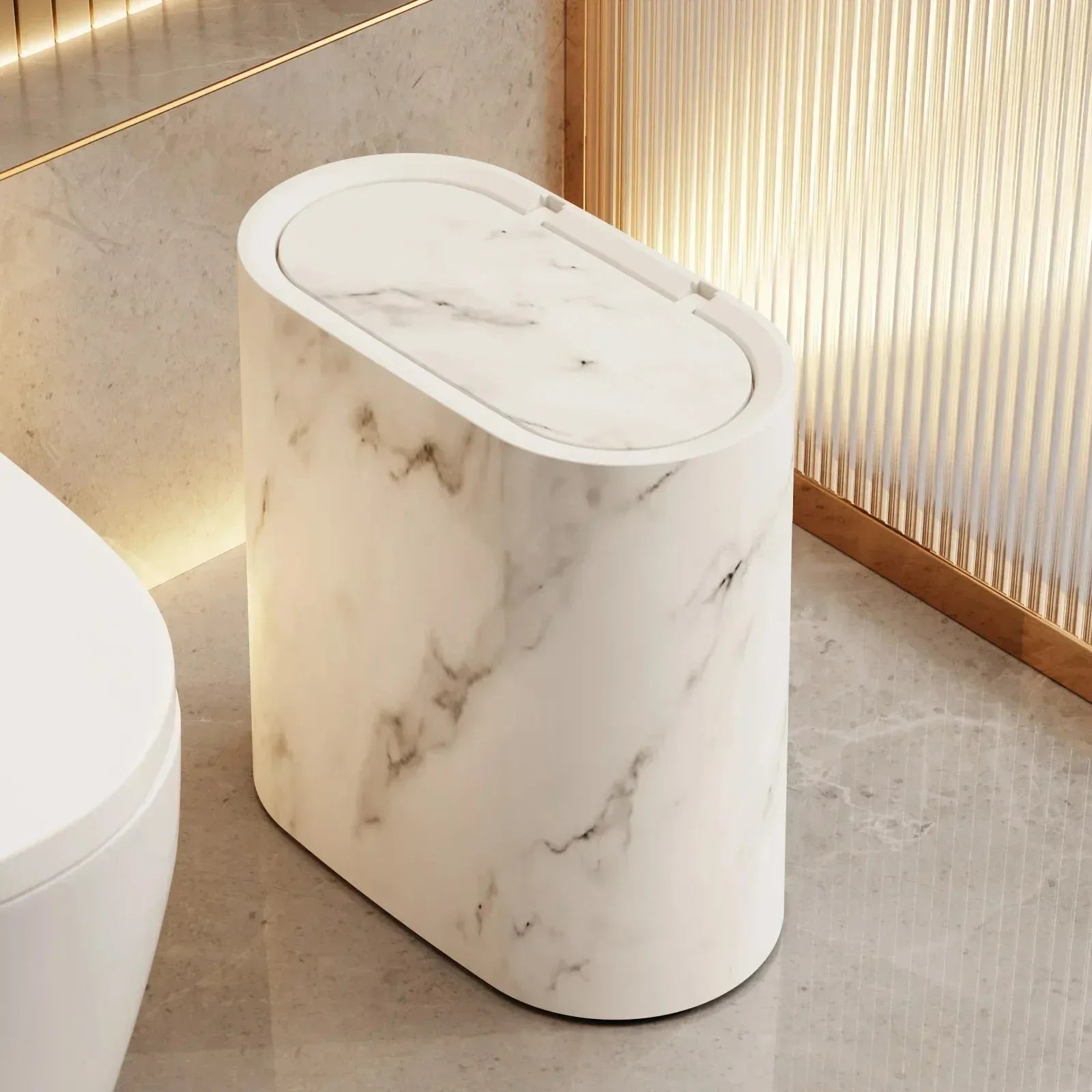 Afvalbak Marmerdesign Ellips Push Deksel Badkamer WC Kantoor Nordic Scandinavisch Compact Hygiënisch | Sansoti