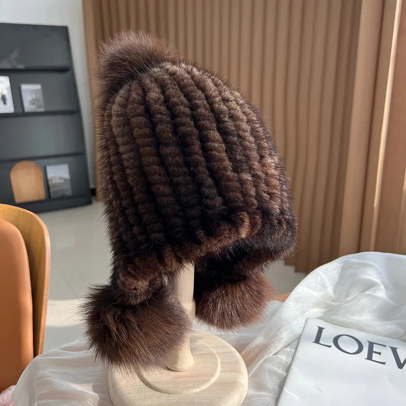 Knitted Fur Hat with Pom-Pom for Women, Warm Winter Hat with Ear Warmers, Spiral Pattern, Luxury Winter Accessory | Sansoti