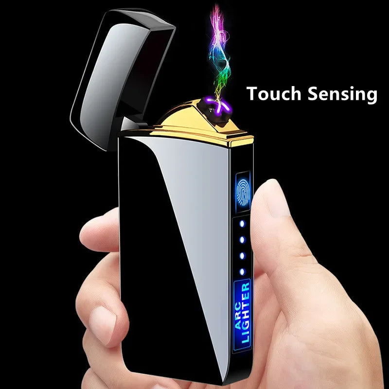 Elektronisches Plasma-Feuerzeug USB Wiederaufladbar Winddicht Metall Blau Für Kerzen Pfeife Mückenspiralen Doppelbogen Touchsensor LED Display | Restfield