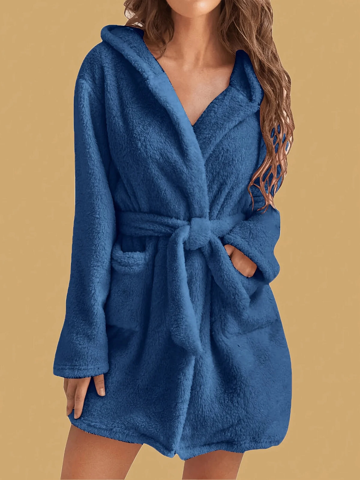 Fleece-Hausmantel für Damen mit Kapuze, Gürtel, knielang, Loungewear, warmer Bademantel, Winter-Hausmantel, Herbst, weicher Morgenmantel | Sansoti